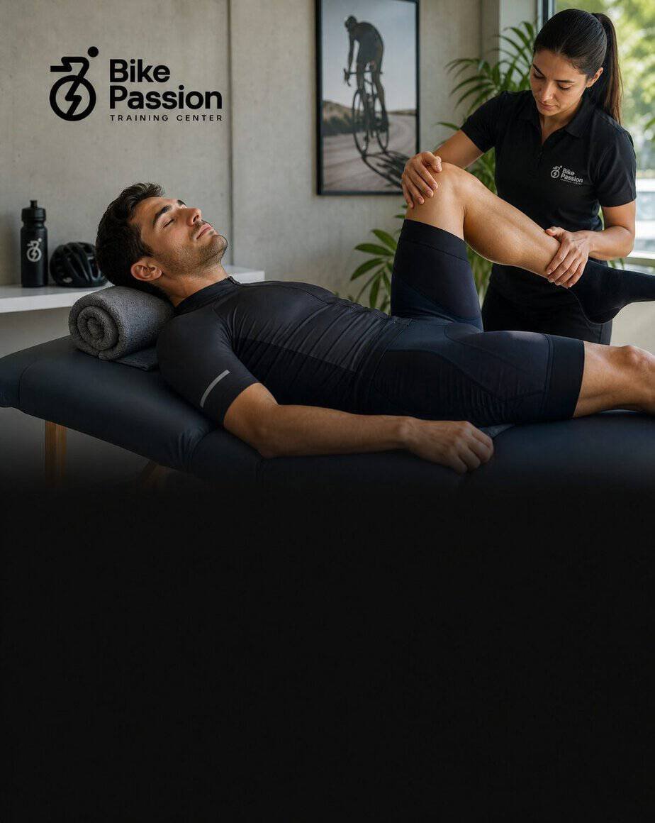 Fisioterapeuta de Bike Passion realizando una sesión de descarga muscular a un ciclista